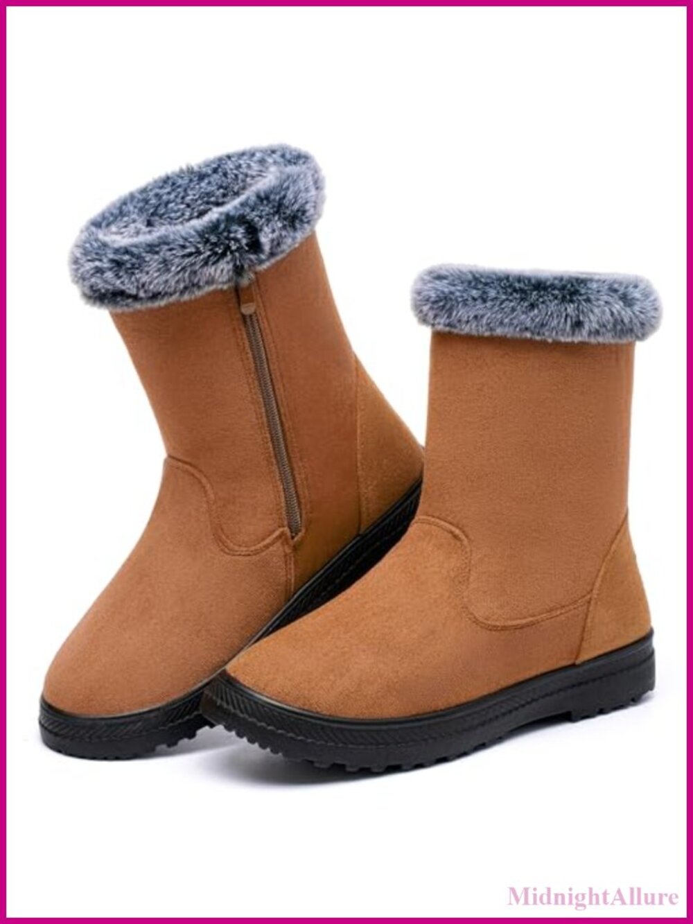 Women's Fur Lined Mid Calf Snow Boots Waterproof Suede Zipper Winter